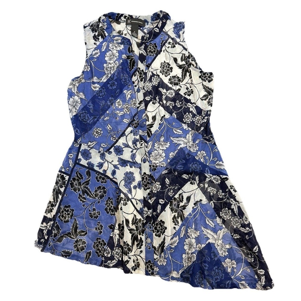 INC Floral Button-Front Sleeveless Asymmetrical Top M Mesh Sheer Boho Shell Only
